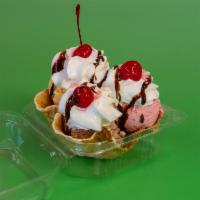 Tres Marias Nieves de Leche · 3 scoops of your favorite ice cream in a crunchy waffle bowl.