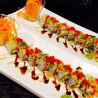 Sexy Girl Roll · Spicy yellowtail, crabmeat, crunch roll topped with shrimp tempura, eel sauce, honey wasabi,...