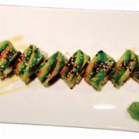Green Dragon Roll · Eel and cucumber topped with avocado, eel sauce and sesame seeds.
