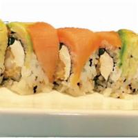 Rising Sun Roll · Shrimp tempura, cream cheese and asparagus topped with smoked salmon and avocado.