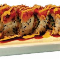 Red Dragon Roll · Shrimp tempura and cucumber roll topped with spicy tuna, spicy mayo and eel sauce.