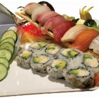 Sushi Regular · 8 pieces nigiri and California roll.  Raw.