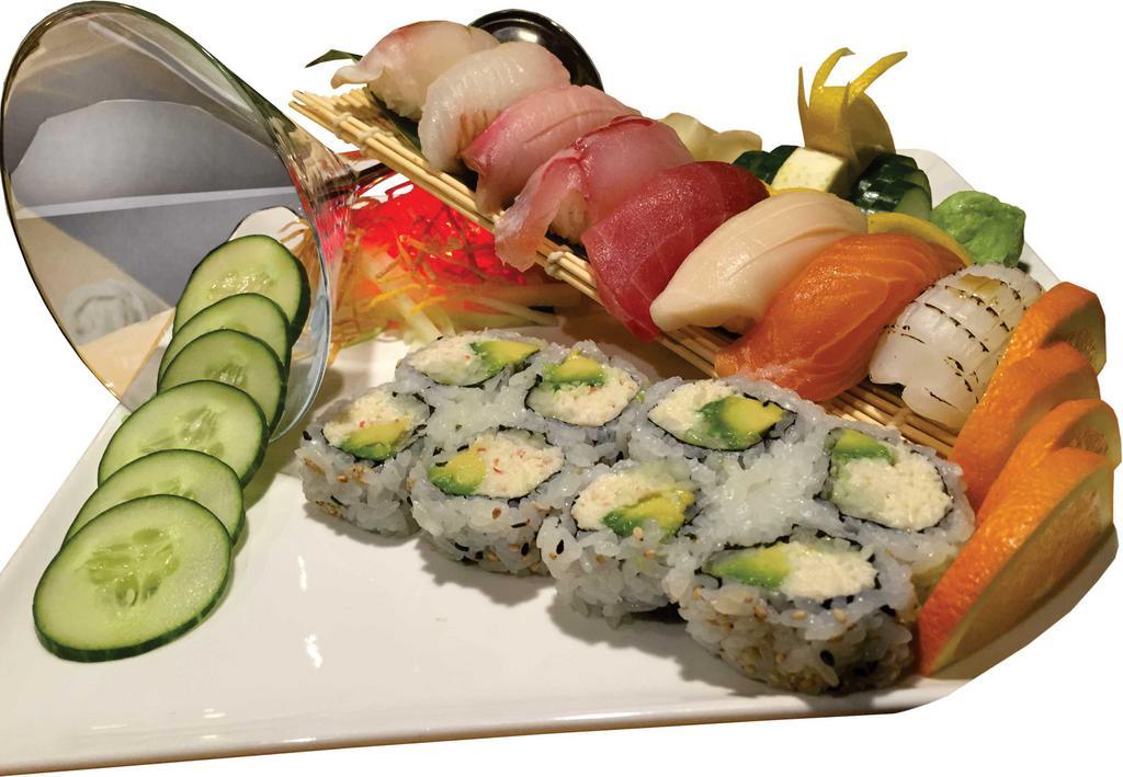 Sushi Regular · 8 pieces nigiri and California roll.  Raw.