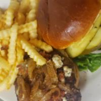 Black and Bleu Burger · 8 oz. certified Angus beef, bacon, bleu cheese and caramelized onion on brioche bun.