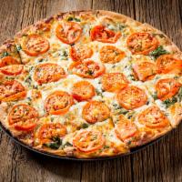 White Specialty Pizza · Olive oil, fresh garlic, and sauteed spinach with tomato on top. Vegetarian.