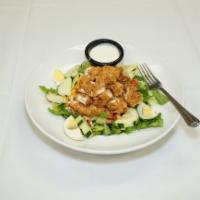 Crispy Chicken Salad · Romaine, chicken tenders,  diced tomatoes, cucumbers, hard boiled egg, Jack and cheddar chee...