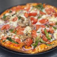 Fit and Delicious Pizza · Thin crust with pizza sauce, spinach, fresh mushrooms, tomatoes, red and green peppers, red ...