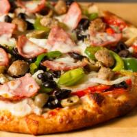 Partners Special Pizza · Pepperoni, sausage, hamburger, mushrooms, onions, green and red peppers, black olives, green...