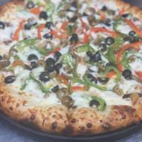 Veggie Pizza · Mushrooms, onions, green and red peppers, black olives, green olives, and extra cheese.