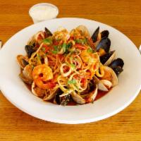 Clams · Clams, mussels, shrimp and calamari in a fra diavolo sauce served over spaghetti.