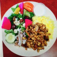 Chicken Shawarma Platter · Thin slices of seasoned chicken slowly cooked on a rotisserie.