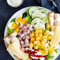 Chef Salad · American and provolone cheese with sliced ham and turkey breast, lettuce, tomatoes, green pe...