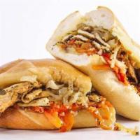 Chicken Cheese Steak Sub · Fresh sub roll overstuffed with chicken steak meat, your choice of cheese and toppings.