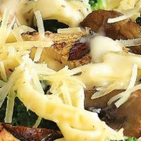 CHICKEN FETTUCCINE ALFREDO · chicken breast, broccoli, and mushrooms in our Alfredo sauce topped with Parmesan cheese  In...
