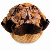 Peanut Butter Cup Perfection · Chocolate ice cream with peanut butter, Reese's peanut butter cup and fudge.