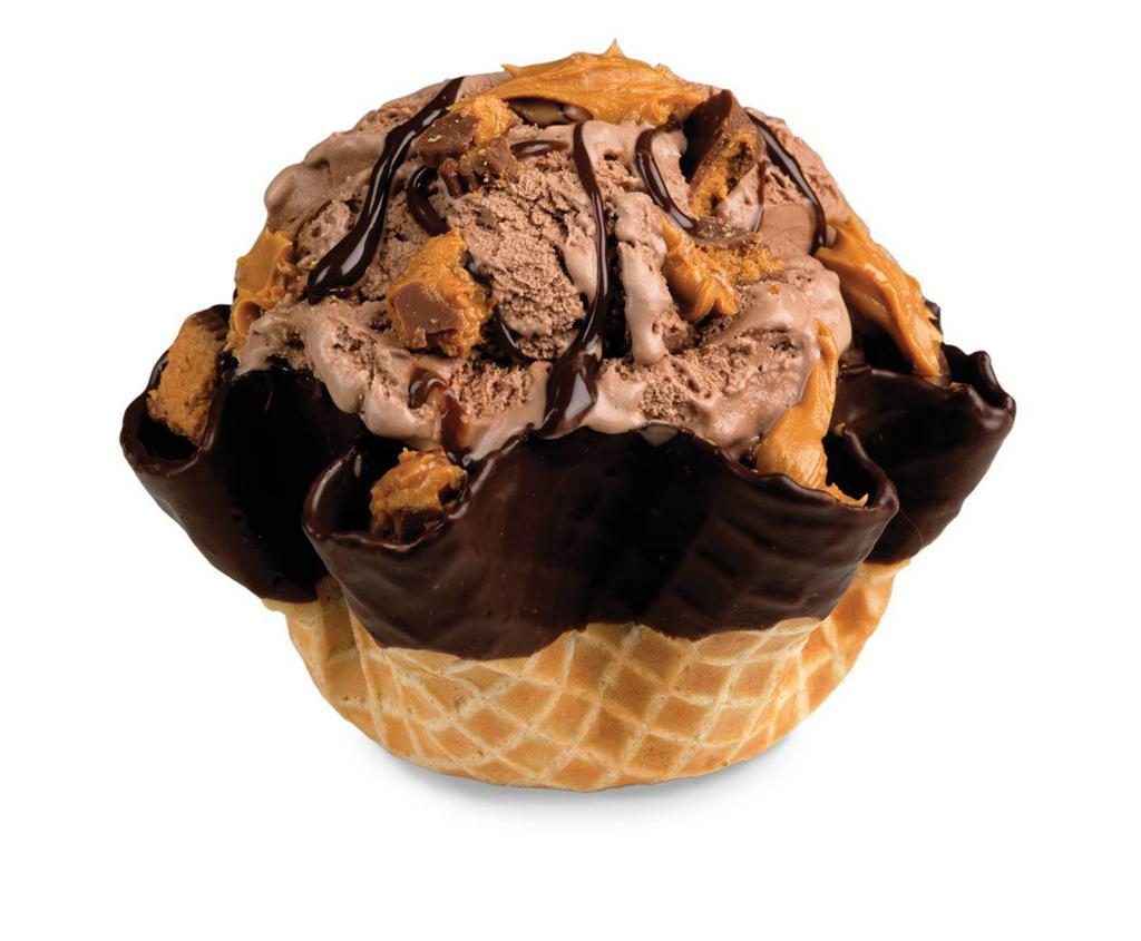 Peanut Butter Cup Perfection · Chocolate ice cream with peanut butter, Reese's peanut butter cup and fudge.