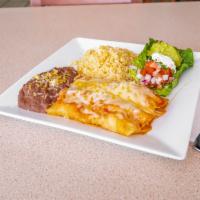 Enchiladas · 2 rolled corn tortillas topped with melted cheese, your choice of sauce, and stuffed with yo...