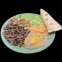 7. Asada Plate · Rice, beans, pico, guacamole, lettuce and tortillas