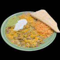8. Green Chile Plate · Rice, beans, guacamole, sour cream, lettuce and tortillas