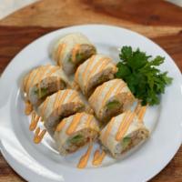 Machete Roll (Mushi) · mushi // shredded chicken // sushi rice // avocado // hatch green chili // chipotle flour to...