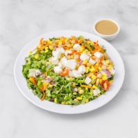 Chop Chop Salad · Greens, carrots, roasted corn, red onions, garbanzo beans, feta cheese, toasted almonds and ...