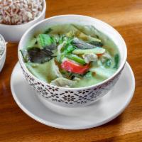 30. Green Curry · Green curry, a paste containing coconut milk, eggplant, bamboo shoot, green bean, and sweet ...