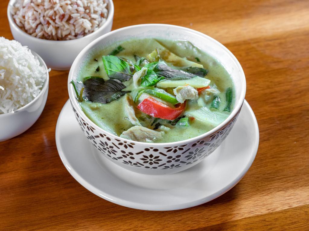 S17. Green Curry Special · Thailand's classic curry is made from traditional spices, coconut milk, bamboo shoot, eggplant, and basil.