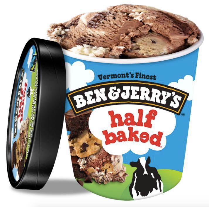 Ben and Jerry's Half Baked · A delectable dance of chocolate chip cookie dough and chocolate fudge brownie. Vanilla ice cream and chocolate ice cream with chunks of cookie dough and fudge brownies it’s hard to imagine a better combination. 16oz.