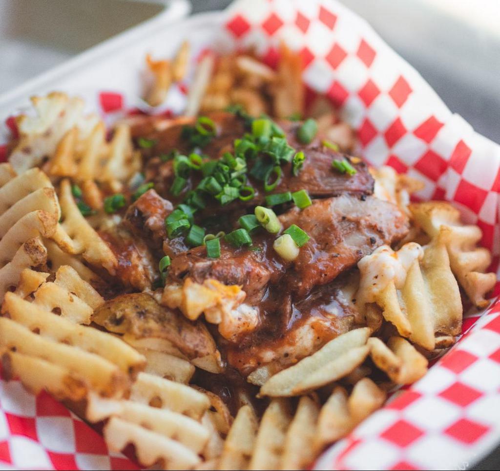 BBQ Brisket Fries · Waffle fries, mozzarella cheese, smoked BBQ brisket, BBQ sauce, green onions. **FOR FRIES: please note, fries are not recommended by Jolene's for delivery, because of uncontrollable delivery times. Soups hold up much better during delivery**