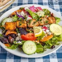Salmon Salad Dinner · Salmon Skewer served over Organic Mixed Greens with tomato, cucumber, feta and House Tomato ...