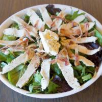 Touraine Salad · Marinated chicken, roasted bacon, goat cheese, mixed greens and lime-olive oil dressing.