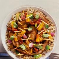 Hula Teriyaki (Rice Bowl) Chicken Breast or Steak grilled with Onions, Green peppers, Roasted Red Peppers and Pineapple in Teriyaki Sauce Cilantro · Chicken Breast or Steak grilled with Onions, Green peppers, Roasted Red Peppers and Pineappl...