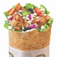 Chicken Souvlaki Pita · Mediterranean seasoned chicken with Spinach, Onions, Tomatoes, Cucumbers, Olives, Feta and T...