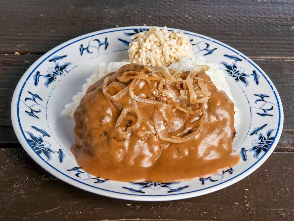 Hamburger Steak Lunch Plate · 2 homemade burgers smothered with grilled onions and gravy.