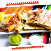 Fiesta Plate · Quesadilla served with 2 roll taquitos, beans, lettuce, pico de gallo, cheese, guacamole, so...