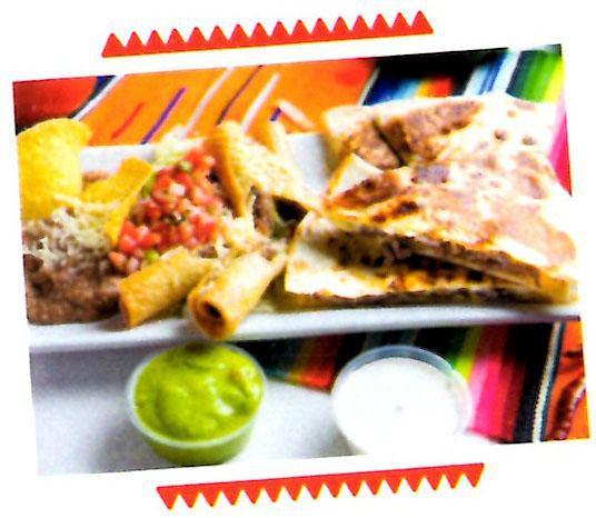 Fiesta Plate · Quesadilla served with 2 roll taquitos, beans, lettuce, pico de gallo, cheese, guacamole, sour cream and chips. Carne asada, carnitas, chicken, al pastor, and ground beef.