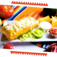 Chimichanga · Served with pico de gallo, lettuce, guacamole, cheese, sour cream, beans and chips. Served w...
