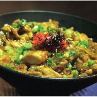 Oyakodon Donburi · Chicken thigh, egg, onion scallion, pickled red ginger, sesame seeds and kizami nori.