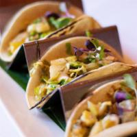 3 Piece Black Bean Tacos · Black and pinto beans, sweet plantains, corn, and cilantro aioli. Served in corn tortillas w...