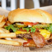 Double Bacon Burger · 2 fresh 100% all beef patties, 4 slices of bacon, American cheese, ketchup, mustard, raw oni...