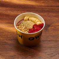 P Acai Bowl · Blended with acai, peanut butter, strawberries and hemp milk and topped with granola, strawb...