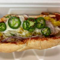 Frankie for Get About It Sandwich · Chicken, mozzarella, red onion, jalapenos, sauce.