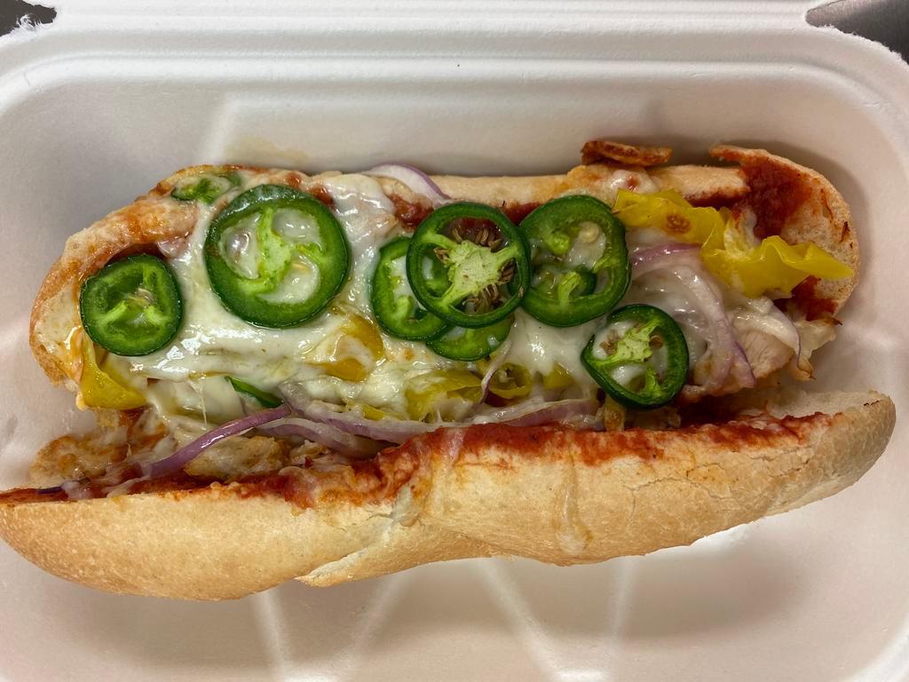 Frankie for Get About It Sandwich · Chicken, mozzarella, red onion, jalapenos, sauce.