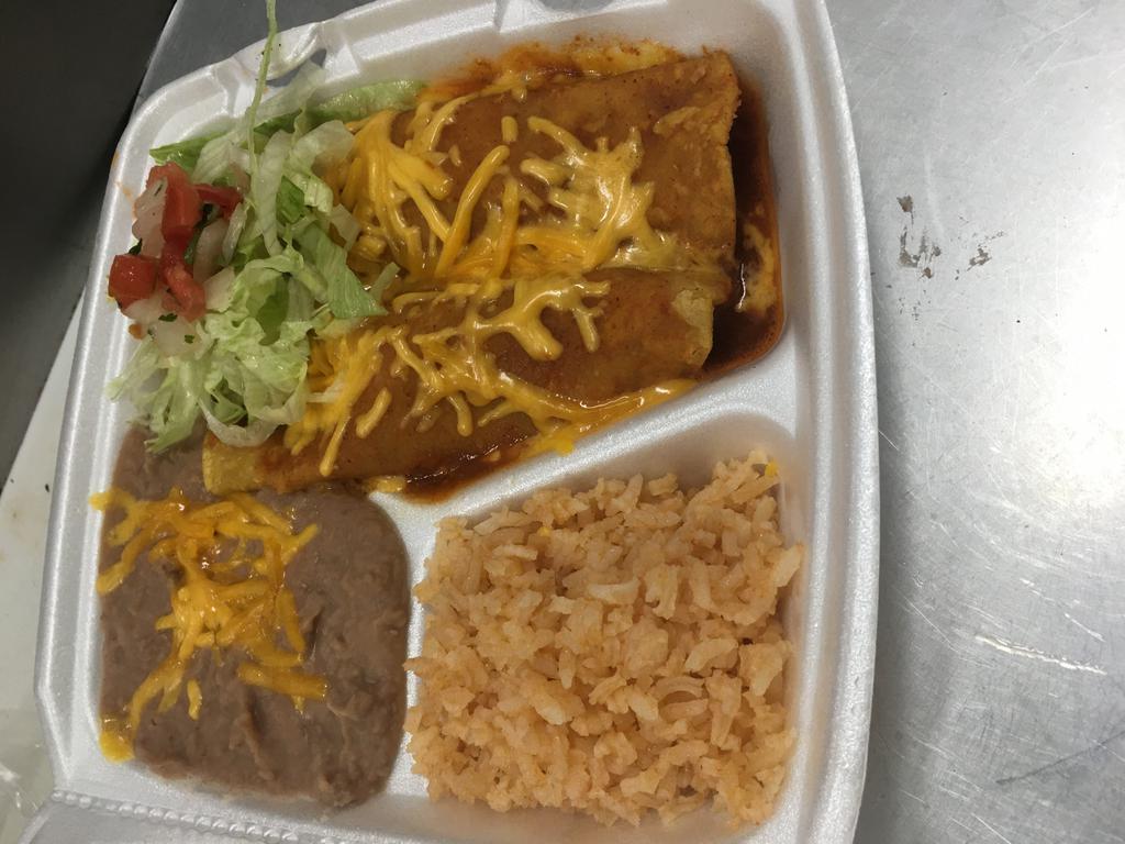 #3. Two Enchiladas Combo · Your choice of enchiladas Shredded beef,red sauce chicken,mix or cheese 