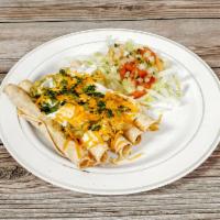 5 Roll taquitos  · Beef or chicken deep fried taquitos wit guacamole an melted cheese or sour cream and cheese ...