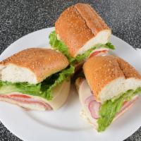 19. Italian Combo Sandwich · Ham, salami, pepperoni, mortadella, provolone, lettuce, tomato, onion, red peppers, oil and ...