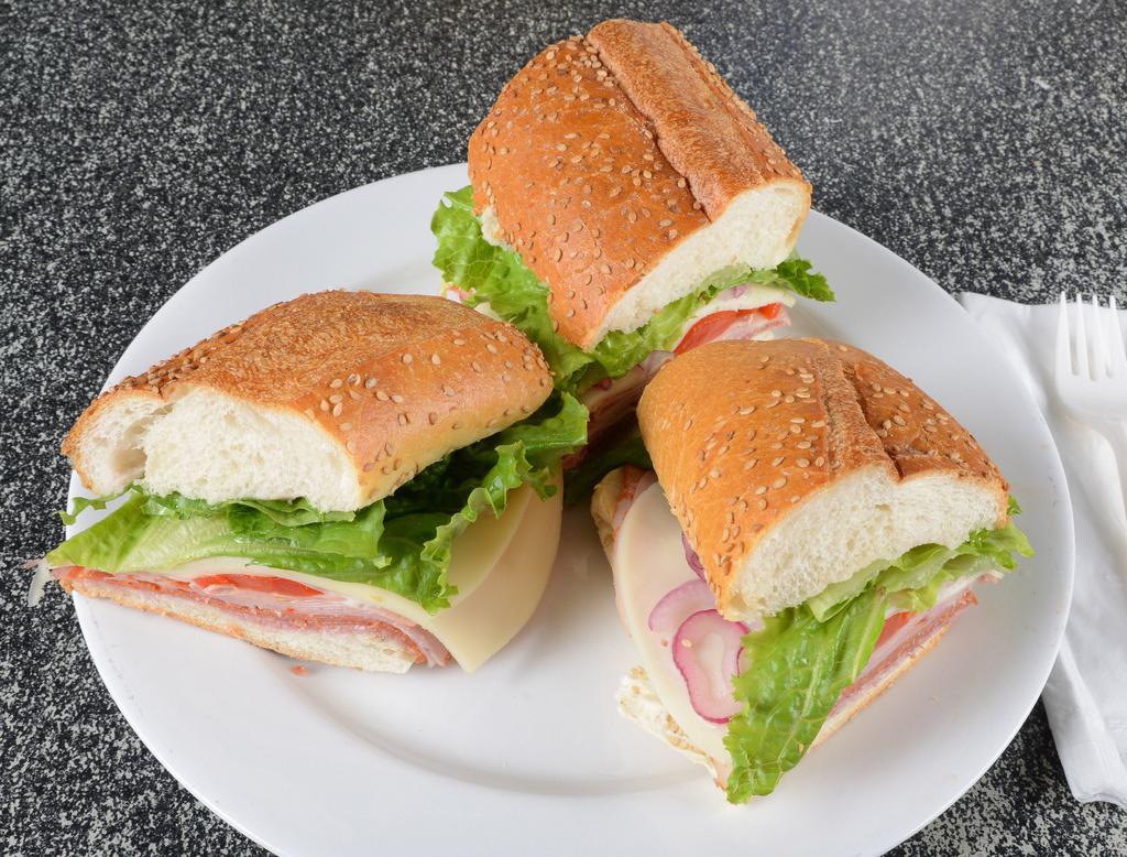 19. Italian Combo Sandwich · Ham, salami, pepperoni, mortadella, provolone, lettuce, tomato, onion, red peppers, oil and vinegar.