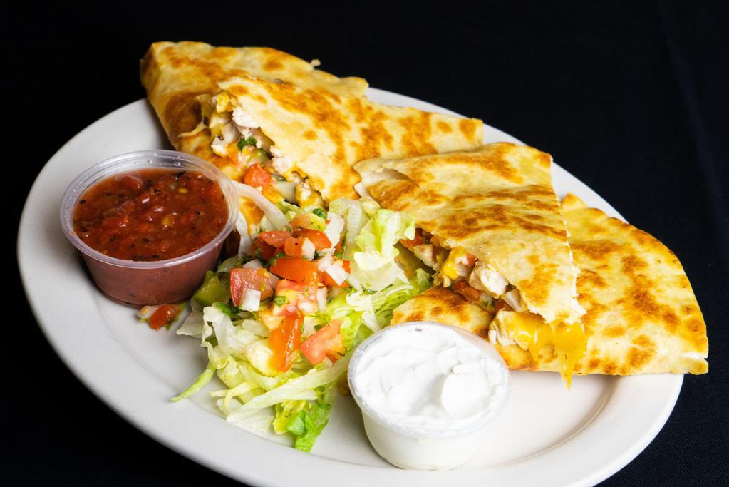 Quesadillas · Grilled flour tortillas with Cheddar Jack cheese and pico de gallo. Served with salsa and sour cream.