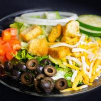 Side Salad · Romaine topped with tomato, cucumber, onion, black olives, Cheddar Jack cheese and croutons.