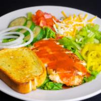 Buffalo Chicken Salad · Romaine topped with grilled chicken drizzled in buffalo sauce, tomatoes, cucumbers, onions, ...